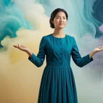 A serene individual in modest, professional attire, standing calmly amidst a dynamic, abstract backdrop of soft, swirling colors and gentle atmospheric mist, representing the flow of uncertainty. The person exudes inner peace and stability, acting as a still point in a moving environment. Professional photography, high quality, soft studio lighting, safe for work, appropriate content, fully clothed, modest clothing, perfect anatomy, correct proportions, natural pose, well-formed hands, proper finger count, natural body proportions, family-friendly.