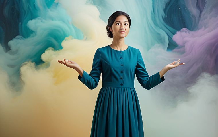 A serene individual in modest, professional attire, standing calmly amidst a dynamic, abstract backdrop of soft, swirling colors and gentle atmospheric mist, representing the flow of uncertainty. The person exudes inner peace and stability, acting as a still point in a moving environment. Professional photography, high quality, soft studio lighting, safe for work, appropriate content, fully clothed, modest clothing, perfect anatomy, correct proportions, natural pose, well-formed hands, proper finger count, natural body proportions, family-friendly.