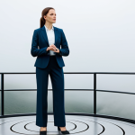 A professional, determined woman, fully clothed in a modest business suit, stands confidently on a modern, abstract platform overlooking a slightly misty but inviting horizon. Her posture is natural, suggesting forward momentum and readiness for the unknown. She holds a stylized, non-functional compass, pointing metaphorically to 'everywhere' or 'the future', symbolizing embracing directionless navigation. The scene is well-lit with soft, inspiring light. Perfect anatomy, correct proportions, well-formed hands, proper finger count, natural body proportions. Safe for work, appropriate content, fully clothed, professional, family-friendly, high-quality, professional photography.