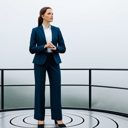 Home 6 A professional, determined woman, fully clothed in a modest business suit, stands confidently on a modern, abstract platform overlooking a slightly misty but inviting horizon. Her posture is natural, suggesting forward momentum and readiness for the unknown. She holds a stylized, non-functional compass, pointing metaphorically to 'everywhere' or 'the future', symbolizing embracing directionless navigation. The scene is well-lit with soft, inspiring light. Perfect anatomy, correct proportions, well-formed hands, proper finger count, natural body proportions. Safe for work, appropriate content, fully clothed, professional, family-friendly, high-quality, professional photography.