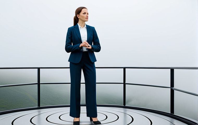 A professional, determined woman, fully clothed in a modest business suit, stands confidently on a modern, abstract platform overlooking a slightly misty but inviting horizon. Her posture is natural, suggesting forward momentum and readiness for the unknown. She holds a stylized, non-functional compass, pointing metaphorically to 'everywhere' or 'the future', symbolizing embracing directionless navigation. The scene is well-lit with soft, inspiring light. Perfect anatomy, correct proportions, well-formed hands, proper finger count, natural body proportions. Safe for work, appropriate content, fully clothed, professional, family-friendly, high-quality, professional photography.