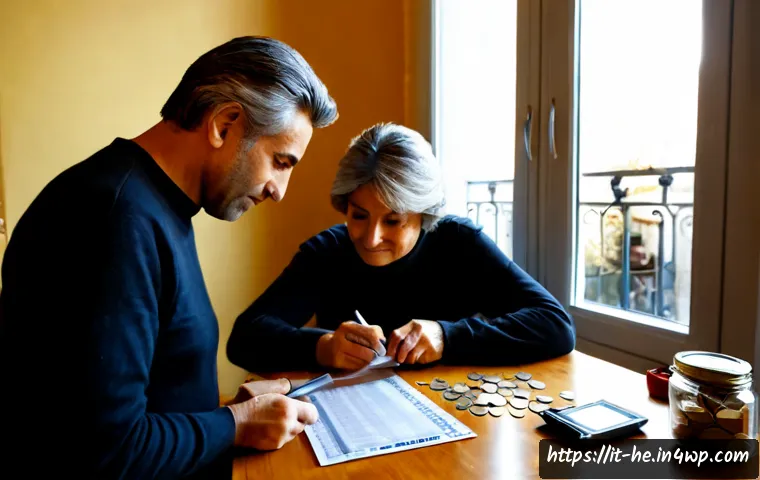 Home 13 불확실성을 수용하는 재무 관리 - Photorealistic Italian couple in their late 50s reviewing a balanced household budget at a sunlit ki...