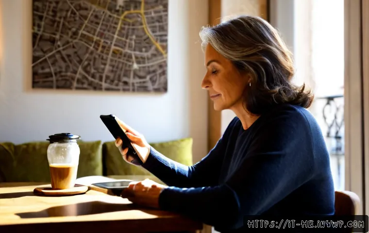 일상에서 불확실성 수용하는 법 - Photorealistic Italian woman in her 50s calmly reviewing two simple travel route options on a tablet...